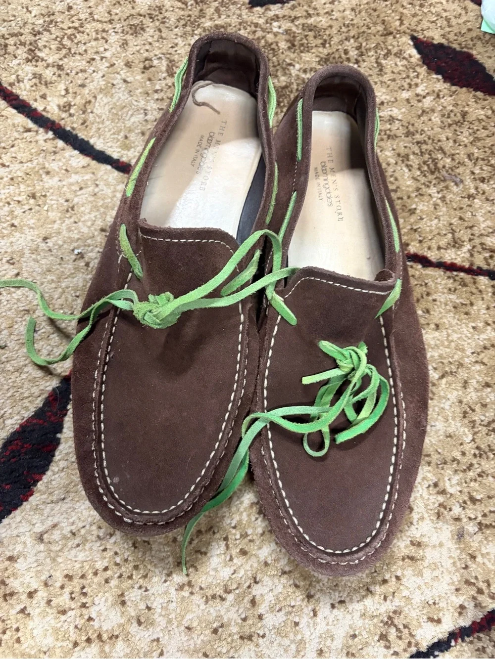 The Men's Store Brown Suede Loafers with Green Laces